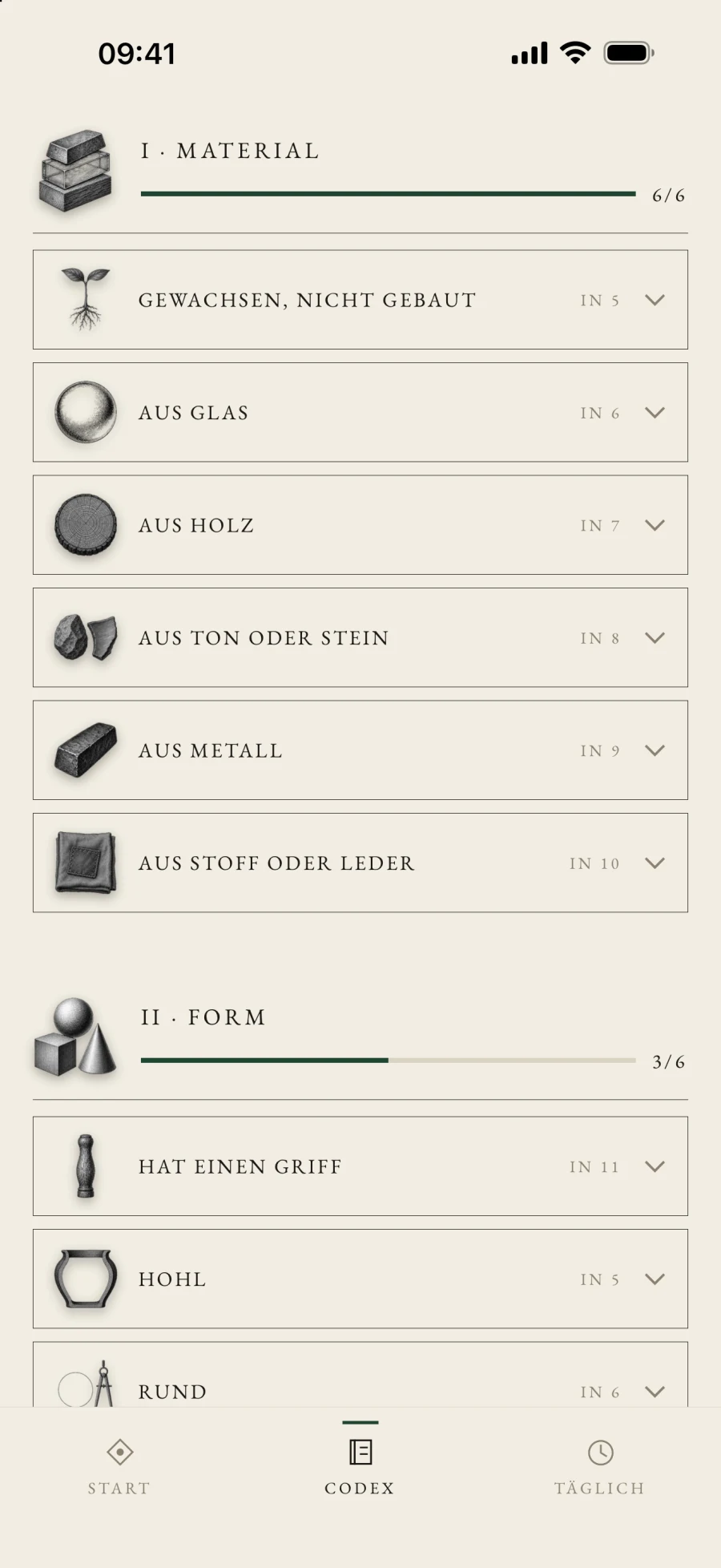 Codex mit Kapiteln und erratenen Regeln.